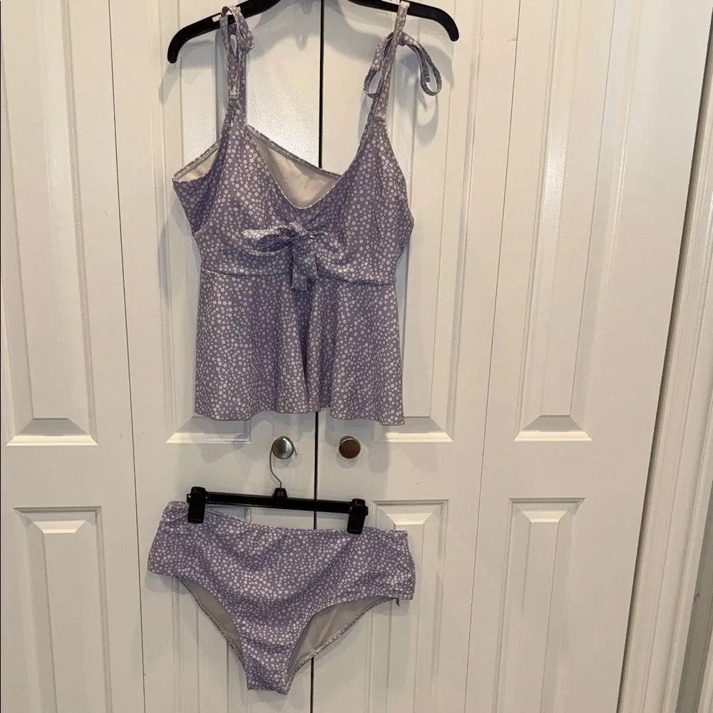 SHEIN Lilac Tie-Shoulder Tankini Set with White Dot Print - Picture 1 of 4